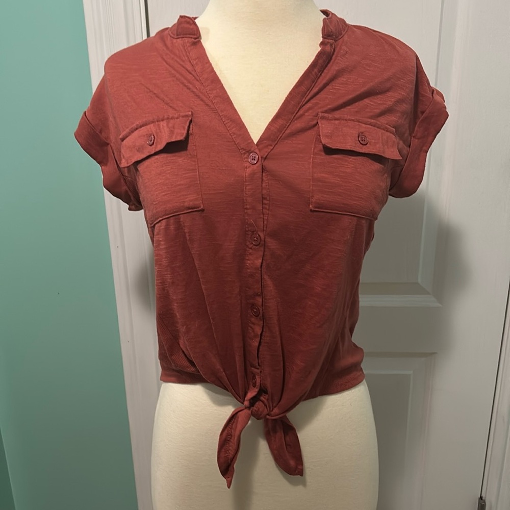 Rusty orange, tie knot button up blouse